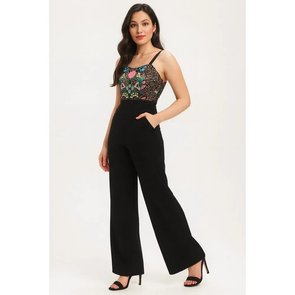 Dress The Population Embroidered Floral Lace Bodice Black Wide‎ Leg Jumpsuit L
